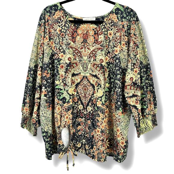 Farmers Market Deco Tie Waist Jacobean Floral Embellished Shirt Plus Size 3X - Picture 1 of 9